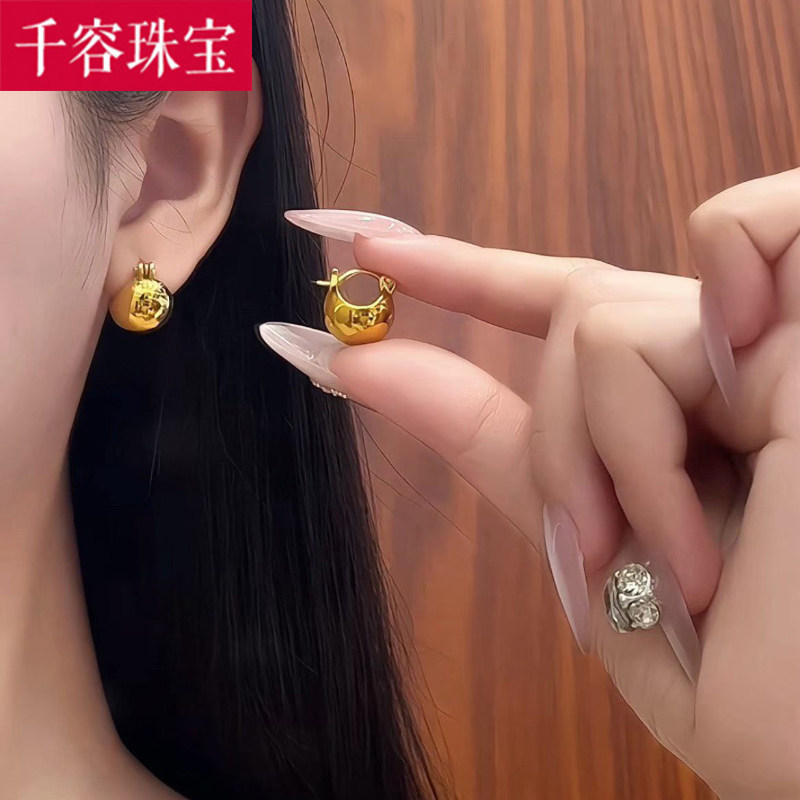 5D硬金黄金圆球耳环女999足金气质新款耳包正品纯金百搭耳扣耳饰