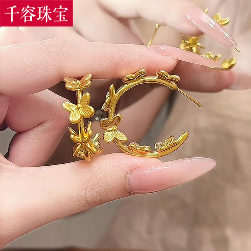 5D黄金c形耳环女999足金大气蝴蝶气质耳环纯金新款耳饰送老婆礼物