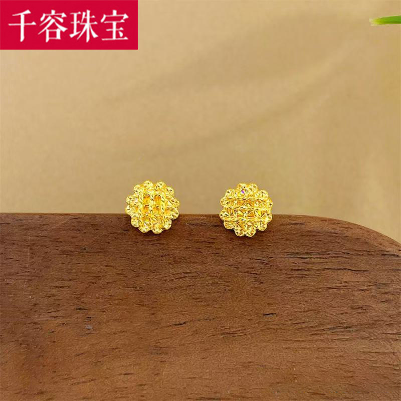 5G黄金花边圆形耳钉女999足金小克重绕线炫彩耳环纯金耳饰送女友