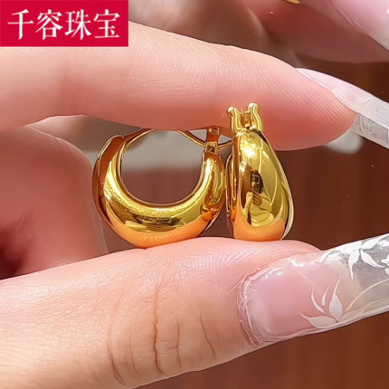 5D硬金黄金U型耳扣女999足金新款ins风纯金耳环百搭耳圈送礼正品