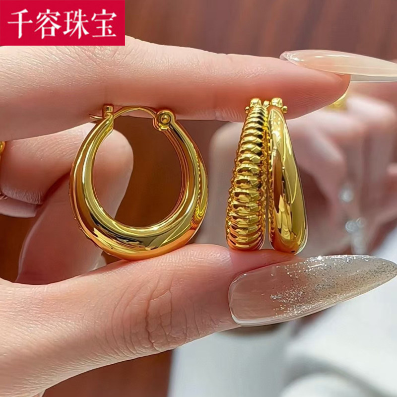 5D硬金黄金双圈螺纹耳扣女999足金大气镜面耳环纯金正品耳饰送礼