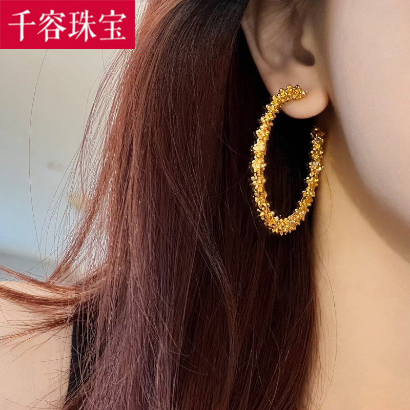5D硬金黄金碎碎冰耳圈女999足金新款大气耳环纯金耳饰送女友礼物