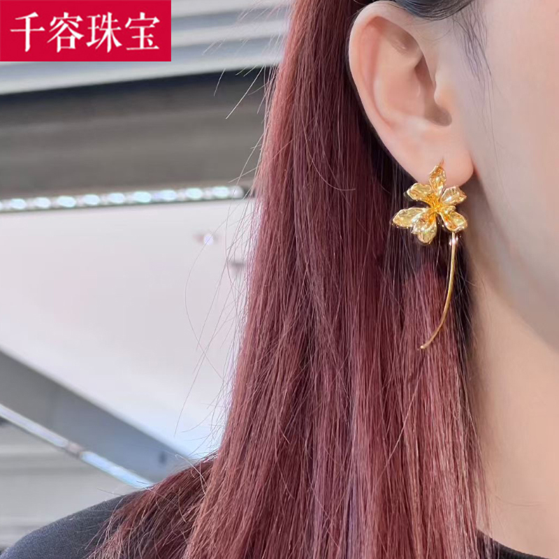 黄金鸢尾花耳环女999足金新款大气花朵气质耳饰纯金耳钩正品送礼