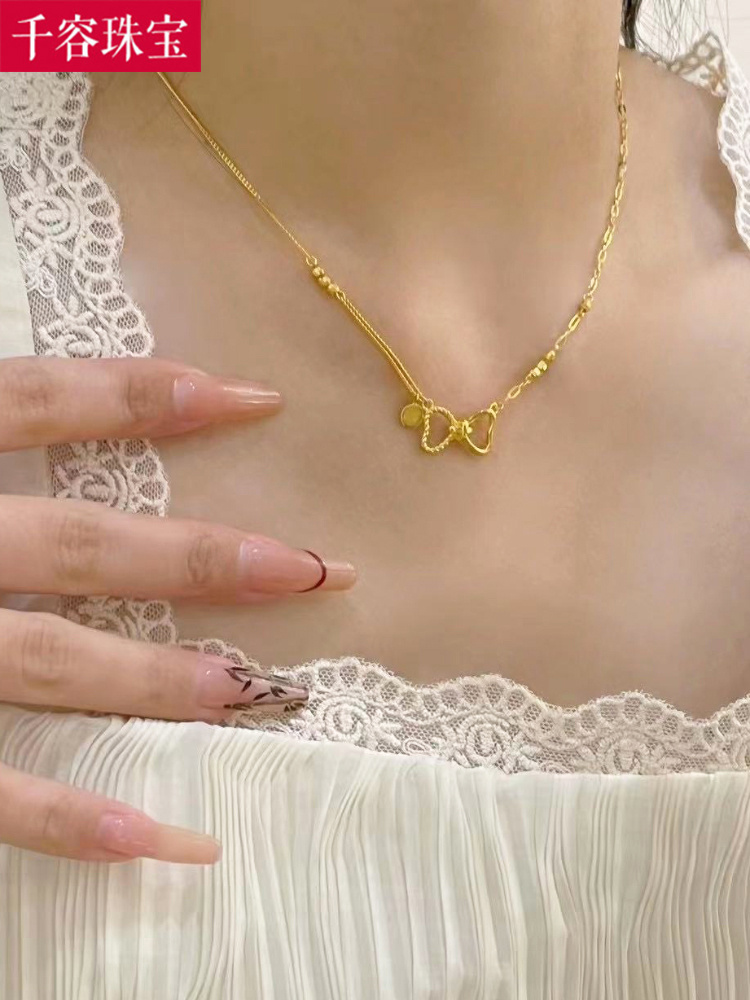 5G黄金蝴蝶结项链女999足金在逃公主锁骨链套链纯金一体链送女友