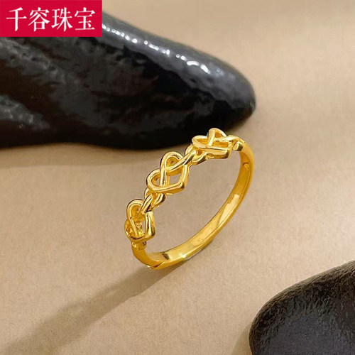 5G黄金爱心戒指女999足金气质新款心连心活口指环纯金食指戒送礼