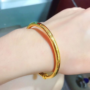 24K黄金手镯女款999足金实心素金光圈手环时尚推拉调节金镯子正品