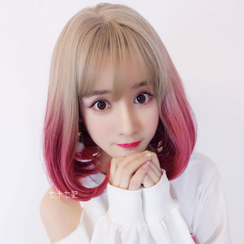原宿风渐变粉色bobo头假发女短发