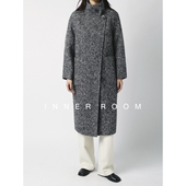 INNER ROOM时髦经典 斜纹粗花呢羊毛大衣女冬立领廓形保暖毛呢外套