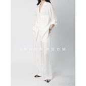 ROOM白色V领亚麻衬衫 套装 女秋老钱显瘦阔腿裤 INNER 法式 两件套