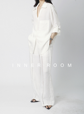 INNER ROOM白色V领亚麻衬衫套装女秋老钱显瘦阔腿裤法式两件套