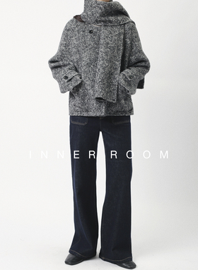 INNER ROOM复古粗呢雪花纹羊毛大衣女冬花纱灰毛呢外套含围巾