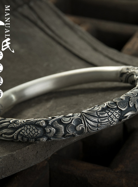 云南雪花闭口实心龙凤足银手镯