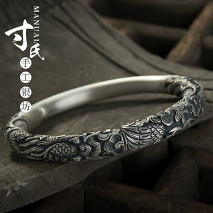 寸银坊云南手工制作足银圆柱立体浮雕实心龙凤呈祥手镯.传承