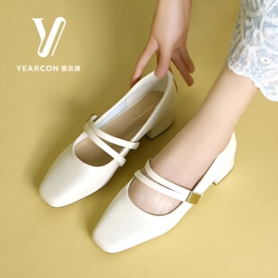 意尔康秋季玛丽珍女鞋粗跟2026春秋真皮浅口单鞋方头一字带小皮鞋