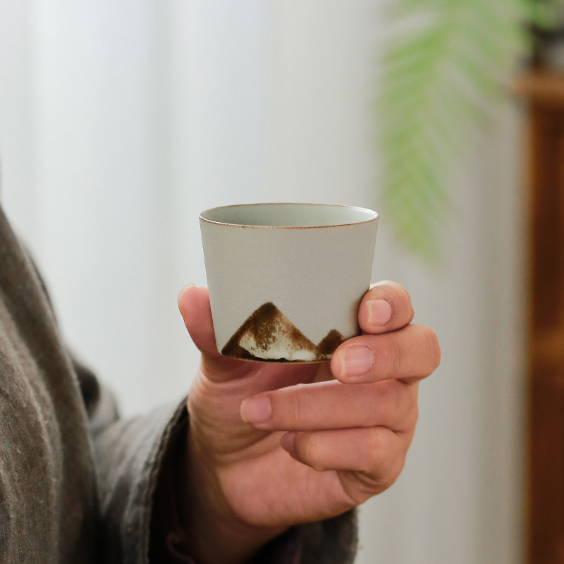 粗陶品茗杯创意功夫茶杯釉画青山主人杯家用简约茶具单杯茶盏茶碗