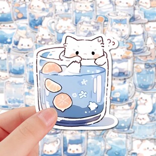 Q版 水杯猫猫卡通可爱贴纸呆萌小猫咪小清新手机壳贴画防水