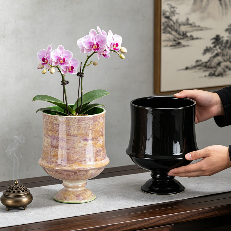 轻奢新中式陶瓷花盆 高脚设计窑变釉蝴蝶兰盆 客厅装饰绿植盆