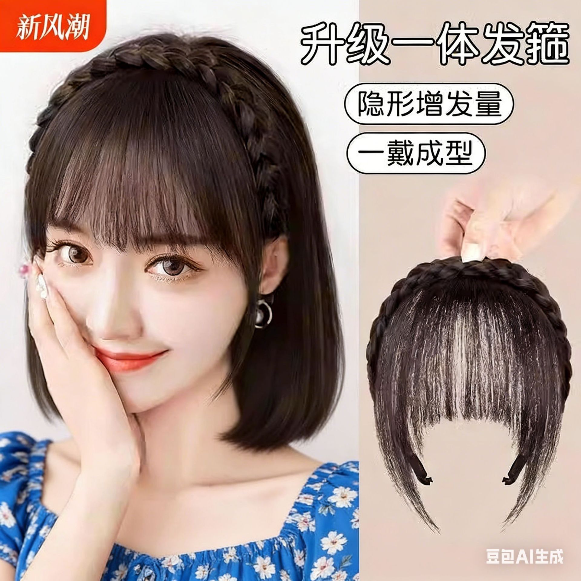刘海假发发箍一体女气质前额头顶增发量遮白发麻花辫假发箍补发片