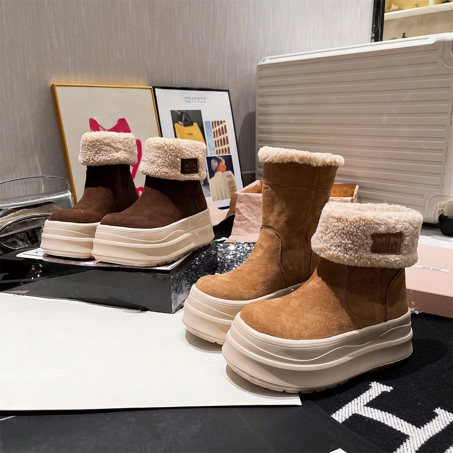 欧货毛毛鞋翻边两穿雪地靴女2025新款加绒保暖厚底松糕棉鞋面包鞋