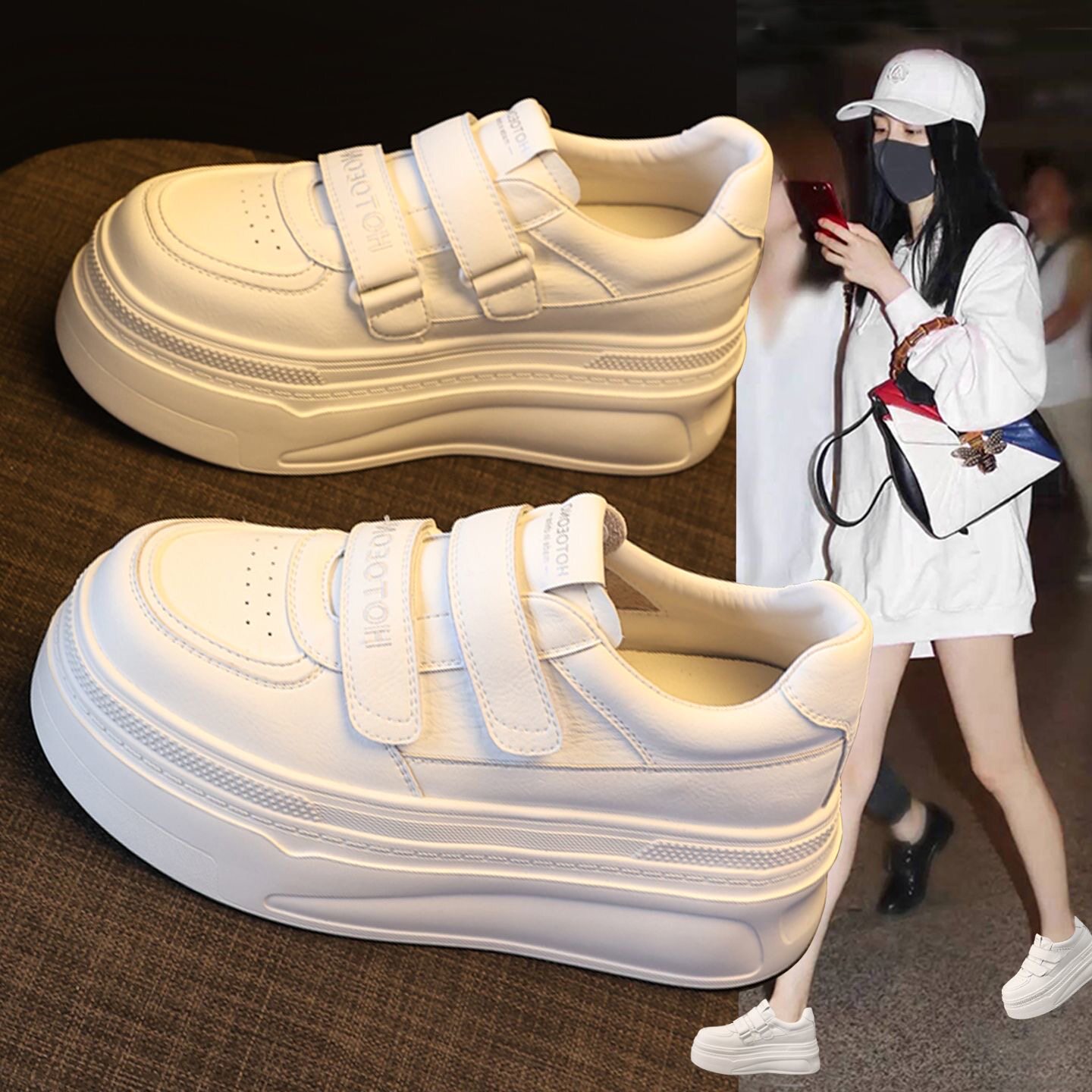 魔术贴真皮小白鞋女鞋2026春季新款爆款厚底内增高8cm运动休闲鞋