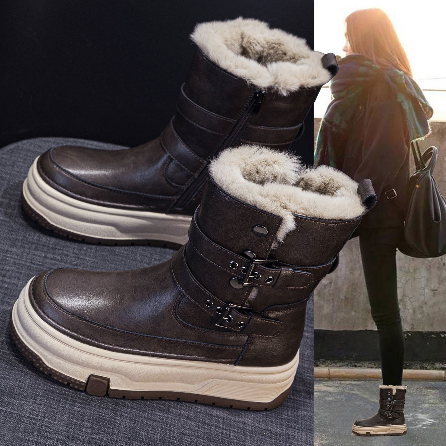 复古真皮防水雪地靴女2025冬季新款防滑厚底加绒加厚中筒马丁棉靴
