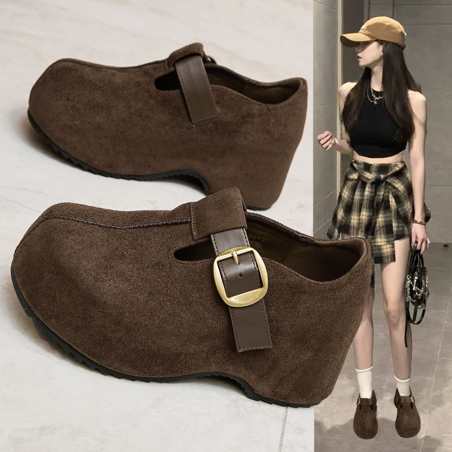 复古真皮内增高勃肯鞋女2025秋冬新款时尚厚底加绒休闲豆豆乐福鞋,女鞋,深口单鞋,淘宝优惠券,粉丝福利购,淘宝优惠卷