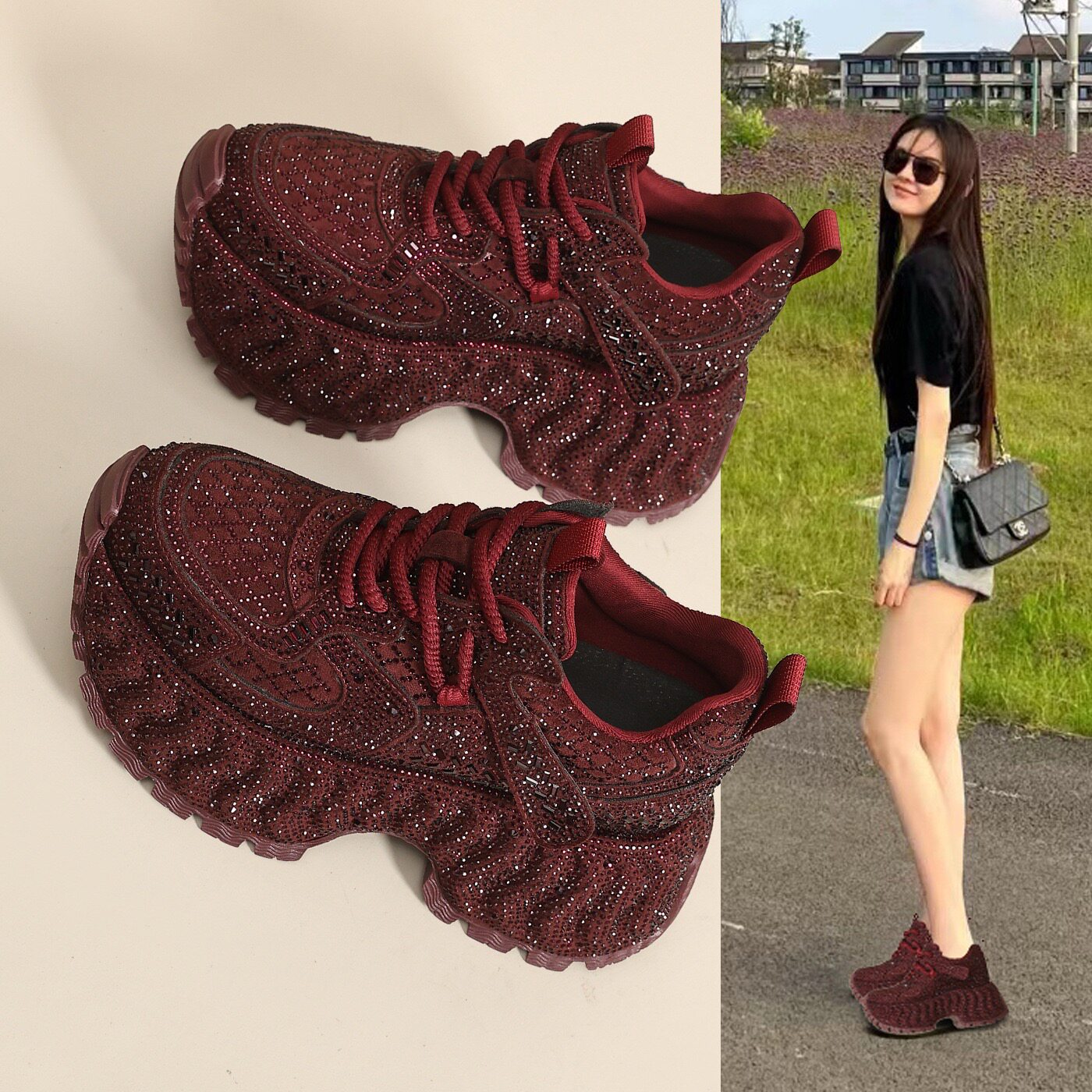 欧货满钻水钻老爹鞋女2026秋冬新款厚底松糕鞋显脚小满钻休闲鞋潮