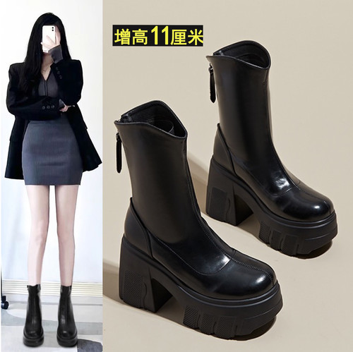 2025新款秋冬真皮厚底超高跟矮个子短靴显瘦增高11CM粗跟马丁靴女