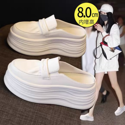 内增高厚底包头半拖鞋女2026夏季新款外穿松糕懒人休闲真皮小白鞋