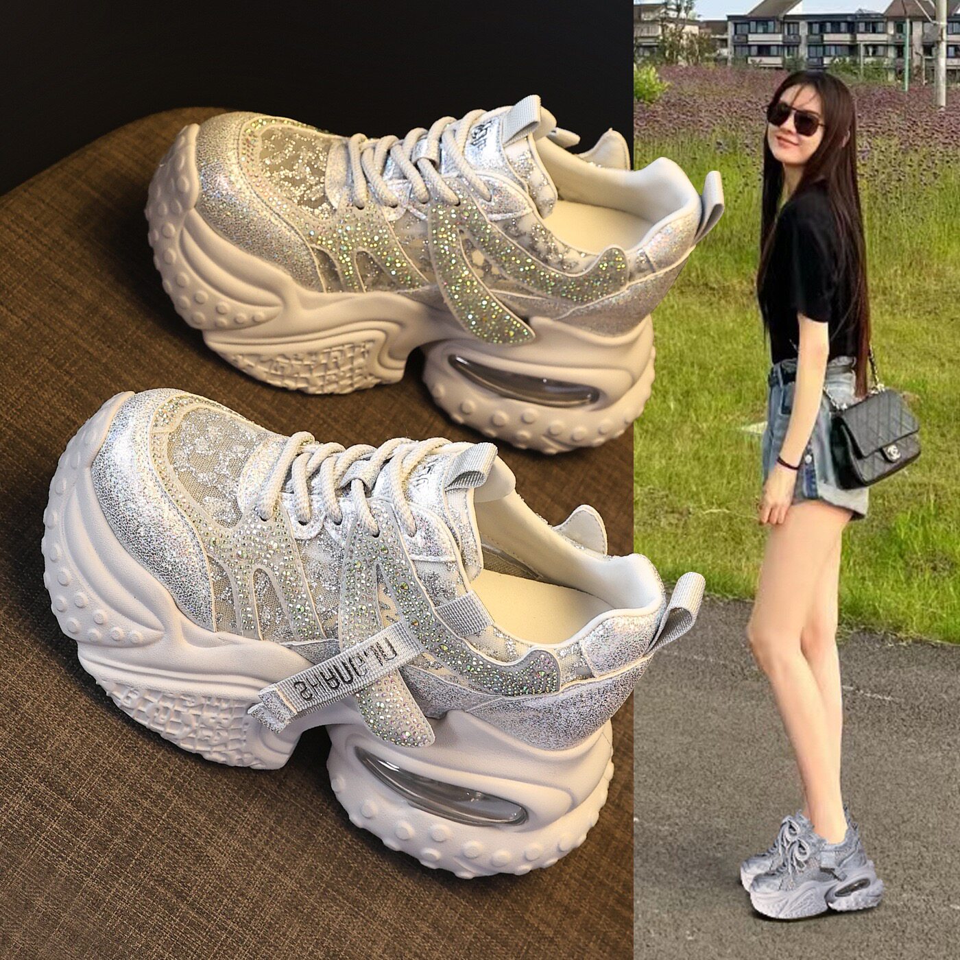 内增高老爹鞋女2026夏季新款薄款网面透气水钻松糕厚底休闲运动鞋