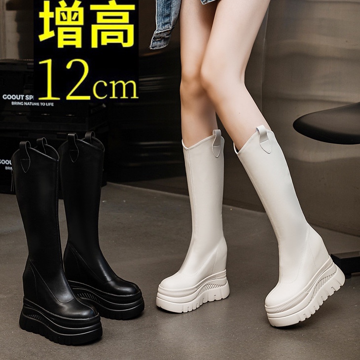 12CM骑士靴女内增高真皮小个子百搭厚底高筒不过膝长靴女2025秋冬