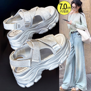 真皮松糕底休闲运动罗马凉鞋 新款 女2026夏季 增高7cm水钻厚底凉鞋