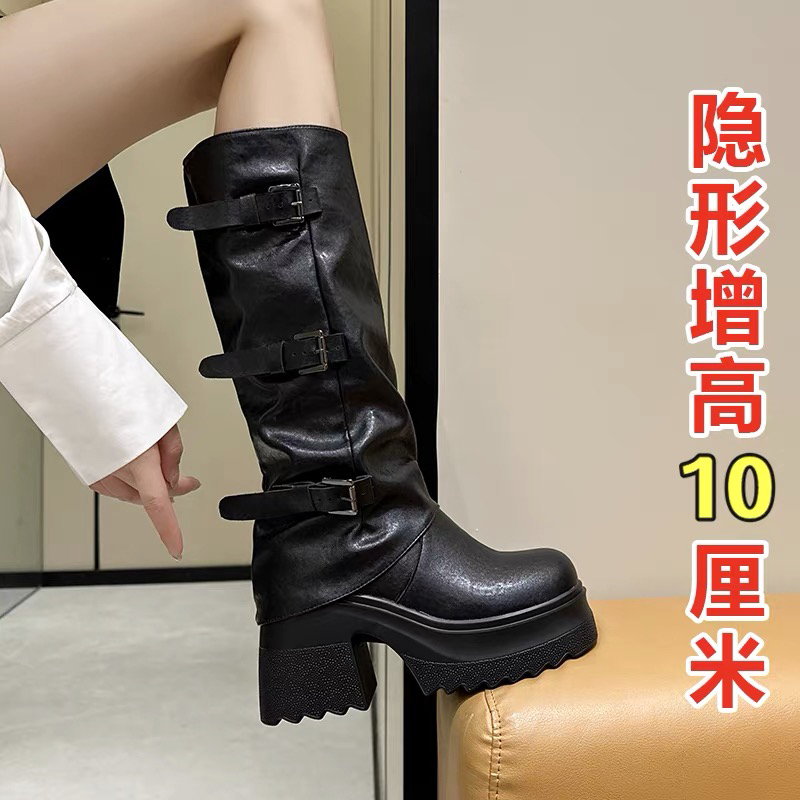 10CM内增高显瘦裤管靴高筒马丁靴女2025秋冬新款皮带扣长靴骑士靴