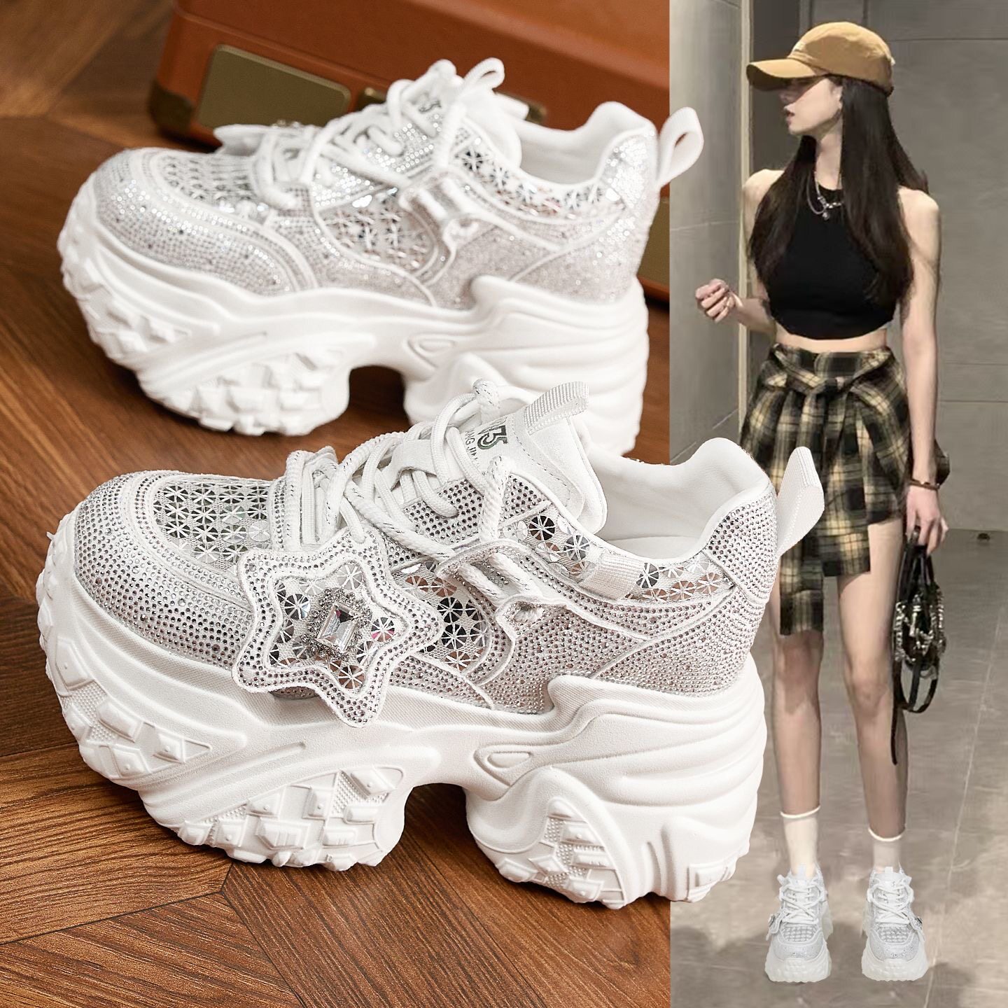 夏季巨好看超火老爹鞋女2026新款水钻透气网面厚底增高星星休闲鞋