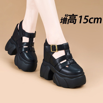 真皮15cm内增高运动凉鞋女夏2025新款包头镂空松糕厚底坡跟罗马鞋