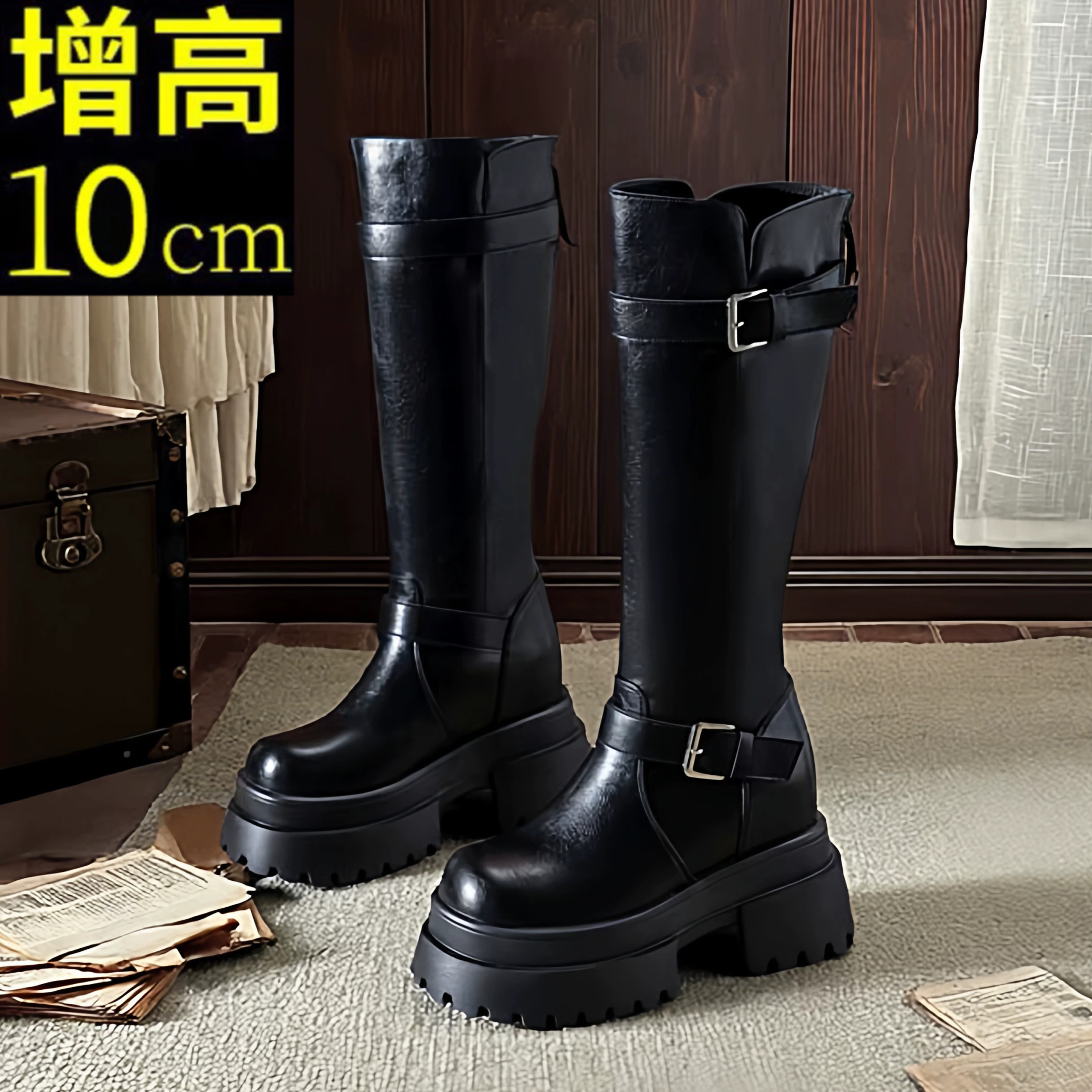 内增高10cm靴子长筒靴女2025冬松糕厚底靴棕色皮带扣小个子骑士靴,女鞋,骑士靴,淘宝优惠券,粉丝福利购,淘宝优惠卷