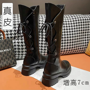 内增高不过膝长筒靴女小个子高筒骑士靴加绒冬季长靴黑色高跟显瘦