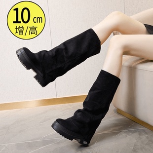 10cm超高跟厚底褶皱堆堆靴女裤管靴2025秋冬韩版长筒靴显瘦骑士靴