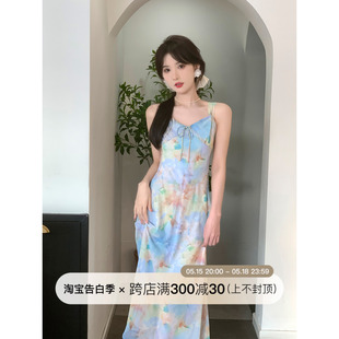 2024夏季 新款 多瑙河 SE一只烧鹅仔 女油画感印花吊带连衣裙