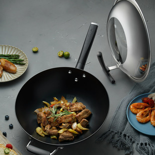 爱仕达34CM旋风尖底锈不了爆炒铁锅大容量油你控精铁炒锅锈不了