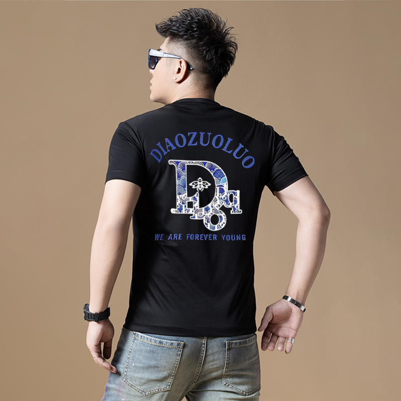潮牌修身短袖t恤男2025新款夏季欧货潮流百搭字母圆领T恤半袖男款