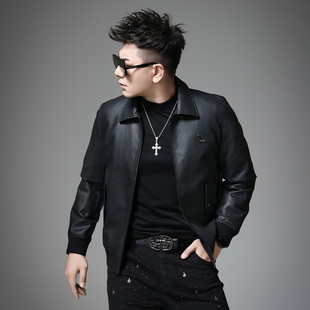 欧货冬季新款男士高端保暖绵羊皮衣羽绒服外套徽章翻领白鸭绒男装