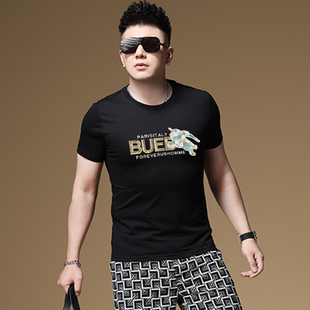 欧货短袖T恤男款夏季潮牌潮流刺绣珠片修身圆领男装上衣半袖新款
