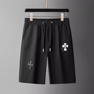 潮牌冰丝华夫格短裤男夏季薄款休闲宽松直筒高街十字架运动五分裤