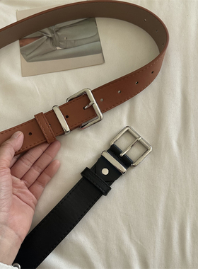 简约银扣皮带女日常通勤百搭黑色中性韩版学生牛仔裤带棕色宽腰带