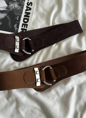 秋冬新款真皮腰封女潮流银扣牛反绒弹力松紧高级感配大衣宽腰带软