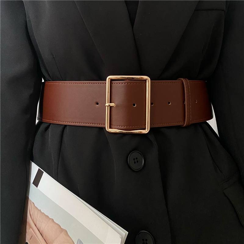棕色方扣气质大衣西装时尚宽腰封