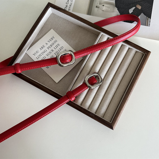 onetk红色小腰带女ins韩系银扣真皮免打孔高级感毛衣连衣裙皮带细