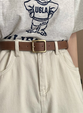 onetk新款方扣皮带软皮港风休闲锁边超好搭金属扣真皮腰带棕色宽