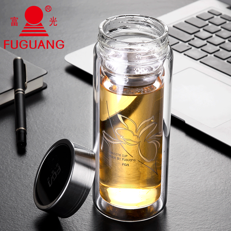 富光双层玻璃杯 男士商务大号水杯加厚保温隔热便携车载茶杯子